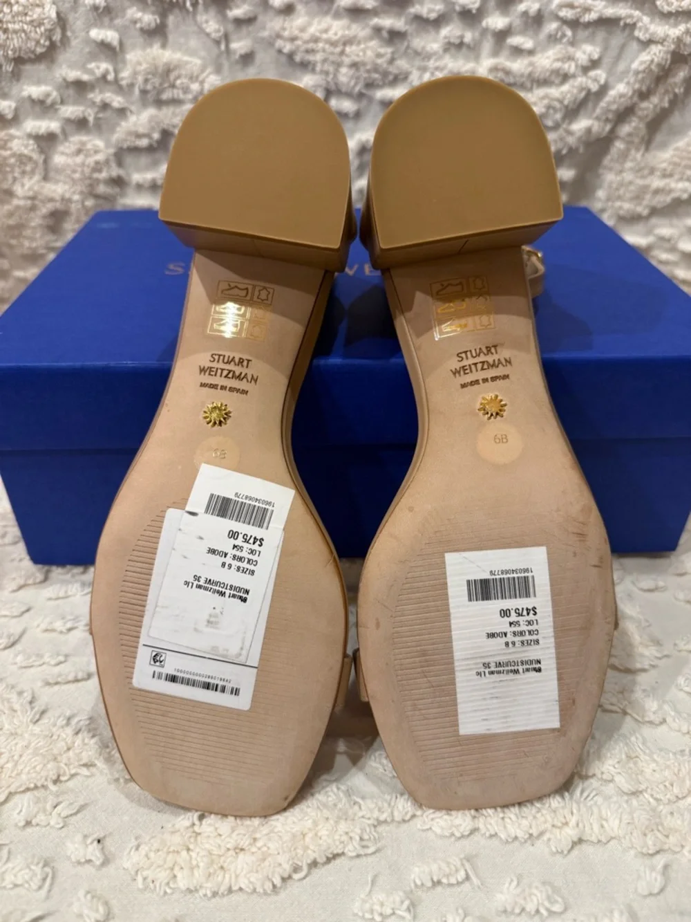 Stuart Weitzman Beige Ankle-Strap Block Heel Sandals 625